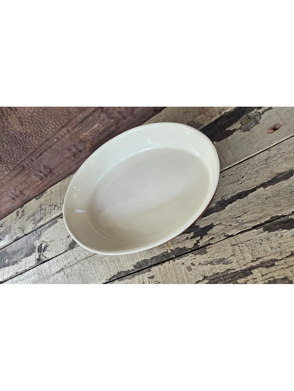 Vintage Ceramic oval baking dish with brown exterior and cream interior